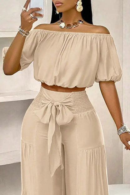 BundleWear™ Bohemian Breeze Set | Off-Shoulder Puff Sleeve Crop & Tiered Wide-Leg Pants