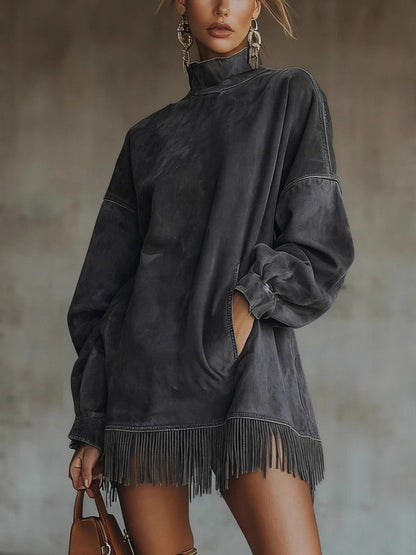 Oversized suede-effect dress with fringe