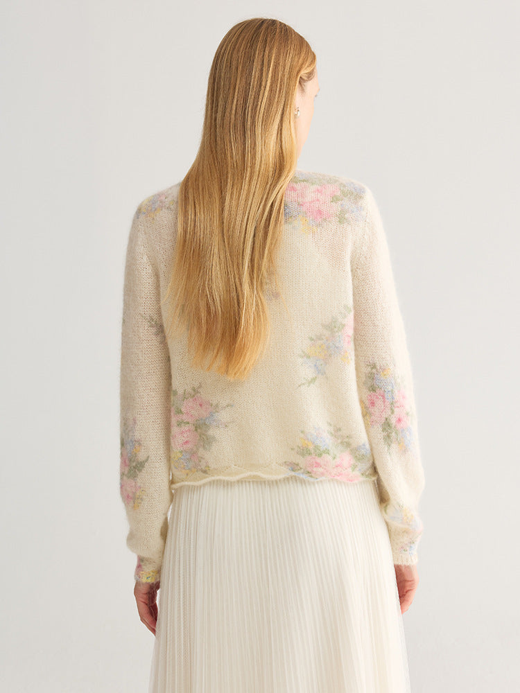 French Floral Mohair-Blend Cardigan — V-Neck Pointelle Knit, One Size