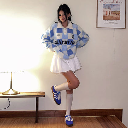 Color-blocked checkerboard sports sweater for couples