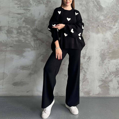 Ladies' Solid Color Hearth Embroidery Round Neck Drop Shoulder Pullover & Sweater Pants Set