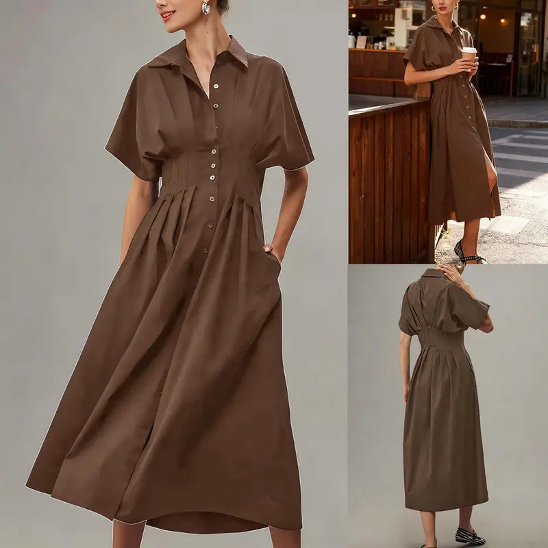 Women's Button-Down Shirt Dress - Short-Sleeve, Loose, Pleated Maxi Sundress with Pockets, Basic Casual Wear for Summer