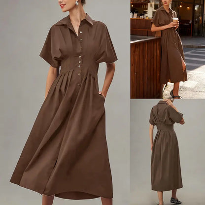 Women's Button-Down Shirt Dress - Short-Sleeve, Loose, Pleated Maxi Sundress with Pockets, Basic Casual Wear for Summer