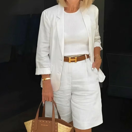BundleWear™ Linen-Luxe Shorts Set | Two-Button Blazer & High-Waist Relaxed Ensemble