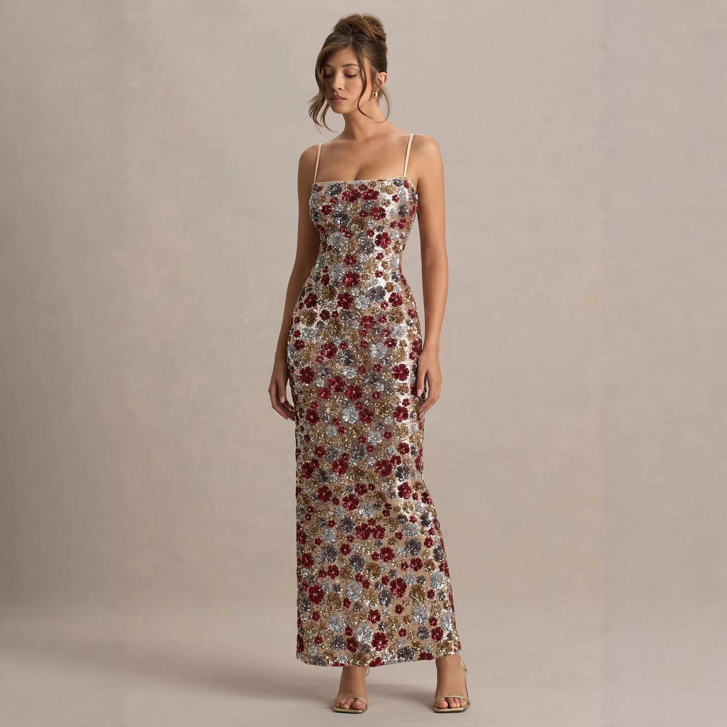 Red Floral Sequin Square-Neck Maxi Dress - MATCHING MASTER