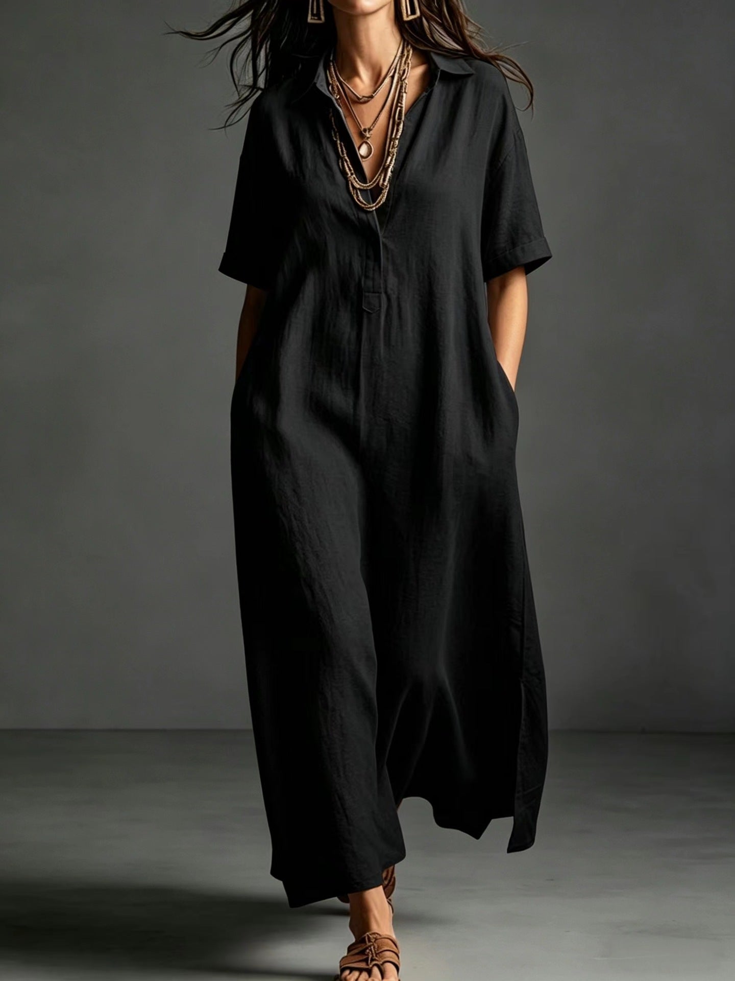 Black Button-Front Bohemian Shirt Maxi Dress - BundleWear