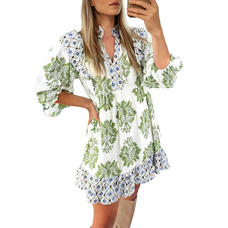 Women's Print Color Block Ruffle Mini Dress - BundleWear