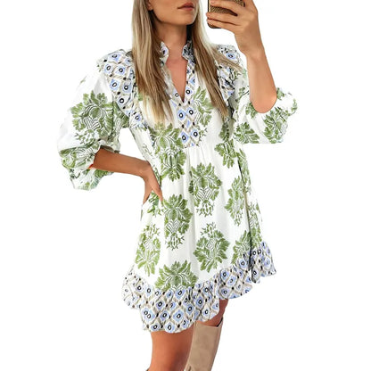 Women's Print Color Block Ruffle Mini Dress - BundleWear