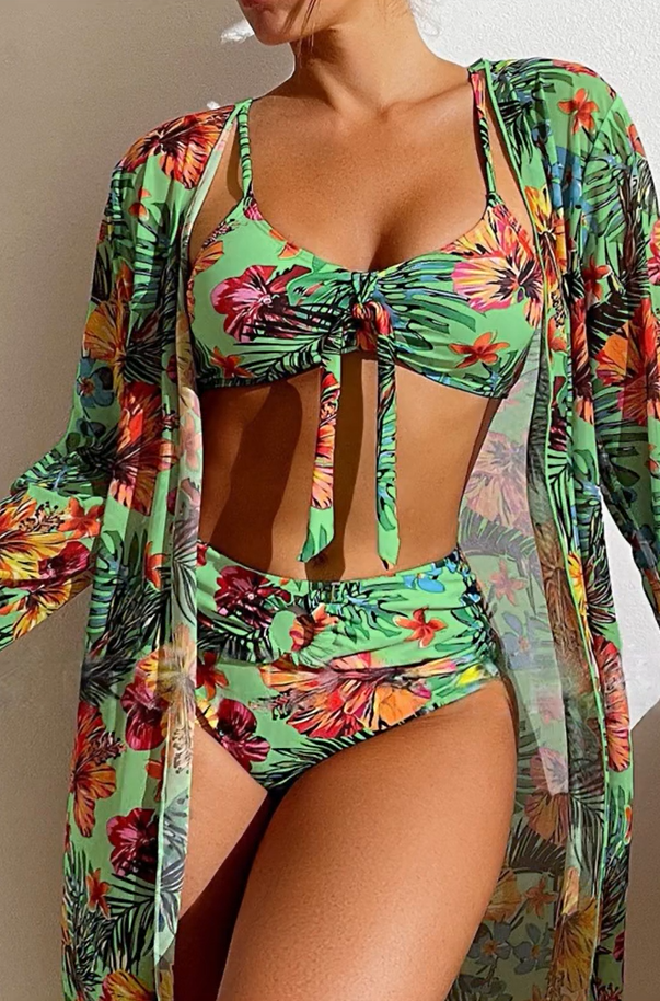 Women's 3-piece V-neck floral print bikini set