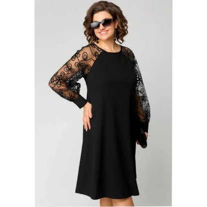 Lace Patchwork Dress with Long Sleeves and Round Neck