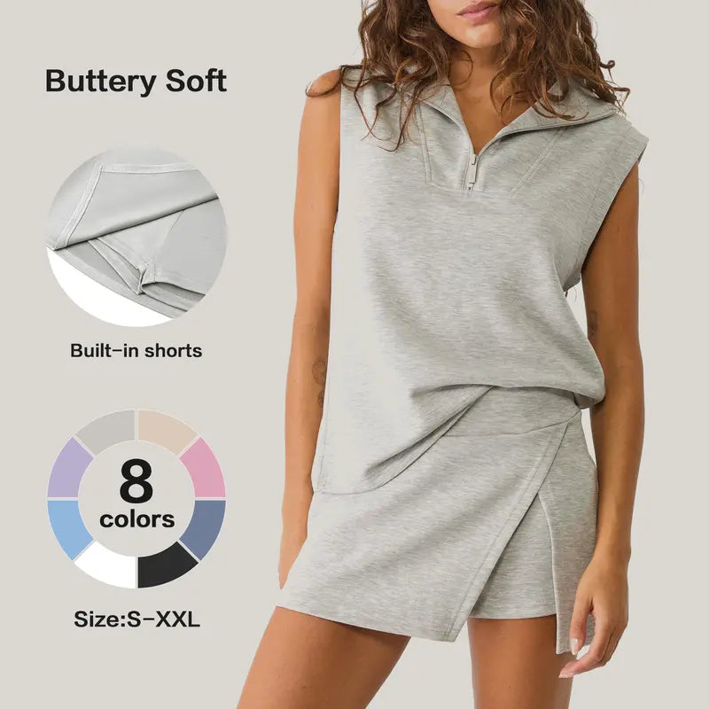 Sleeveless Half Zip Skirt Set for Women - BundleWear