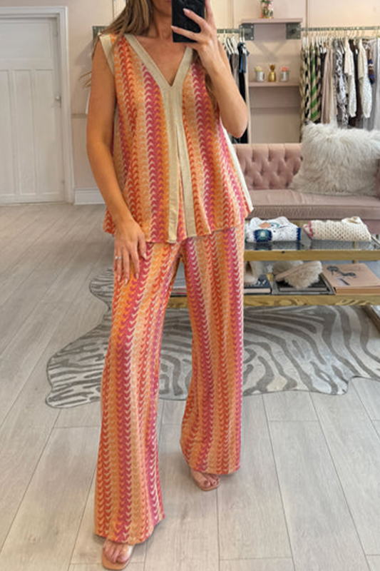 Ladies' V-neck Vertical Print Multi-color Casual Set