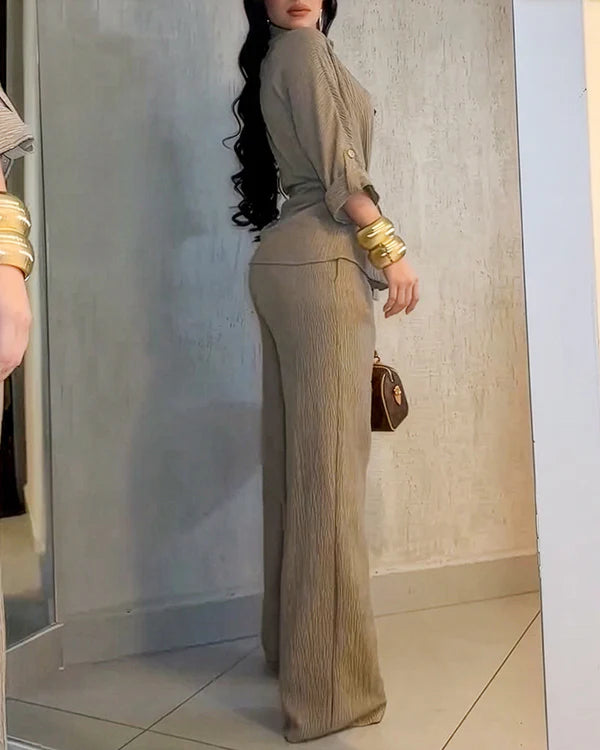 Elegant Textured Button-Front Shirt & High-Waist Wide-Leg Trousers Set - Minimalist Commuter Look - BundleWear