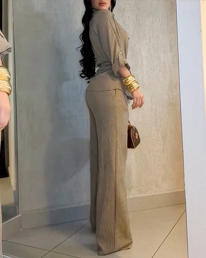 Elegant Textured Button-Front Shirt & High-Waist Wide-Leg Trousers Set - Minimalist Commuter Look - BundleWear