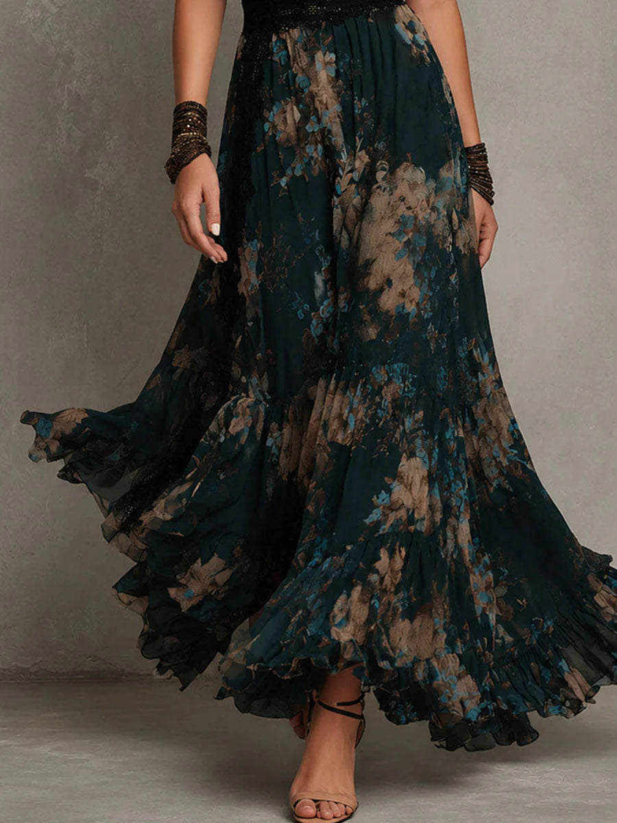 BundleWear™ Midnight Garden Gown | Lace-Trimmed V-Neck Chiffon Maxi Dress