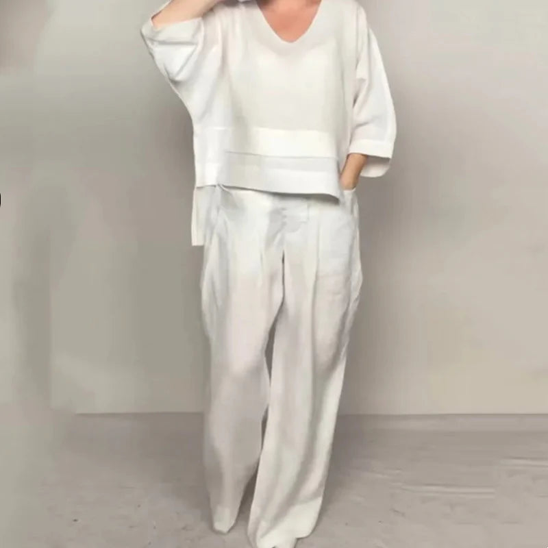 💎 2-Piece Cotton-Linen Set With An Uneven Hem – V-Neck Top + Wide-Leg Pants, Breathable & Effortlessly Stylish