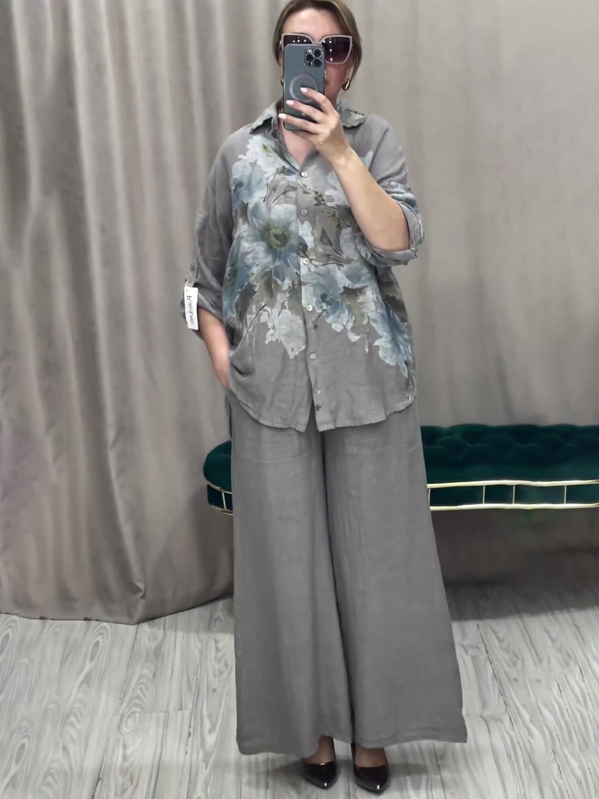 Chic French-Style Floral Linen-Look 2-Piece Set - Loose Roll-Up Sleeve Shirt & Wide-Leg Pants