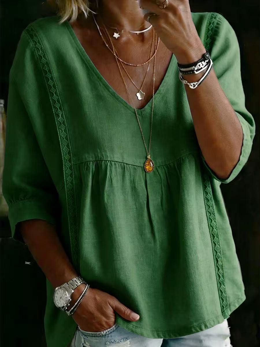 BundleWear™ Lace-Panel Linen Top | V-Neck 3/4 Sleeve Bohemian Pullover