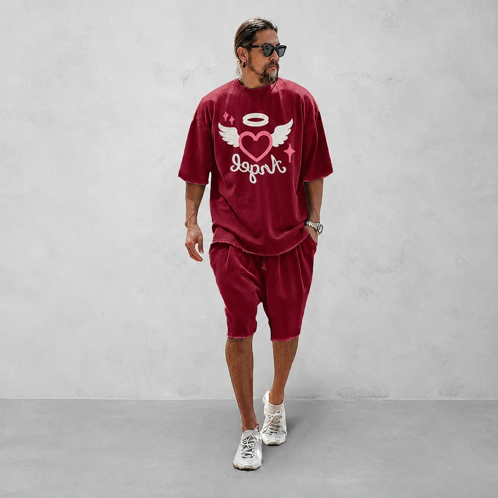 "Angel of Love" Couple 100% Cotton Casual Loose Fit Sports Set - Breathable Moisture-Wicking 2-Piece Tracksuit