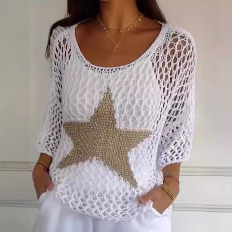 ⌛💥Ladies' Fashion Round Neck Crochet Knit Fishnet Top - MATCHING MASTER