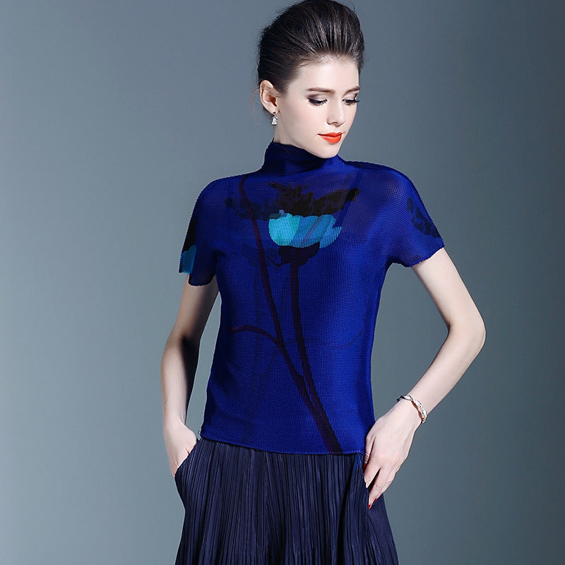 BundleWear™ Art-Print Pleated Tee | Micro-Pleated Mock Neck & Oil-Painting Floral Top