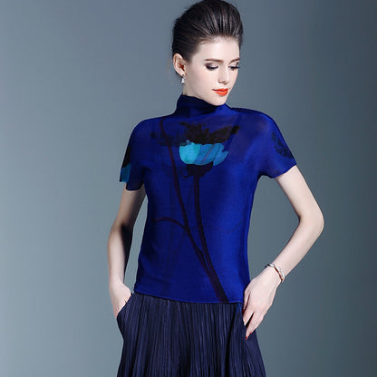 BundleWear™ Art-Print Pleated Tee | Micro-Pleated Mock Neck & Oil-Painting Floral Top