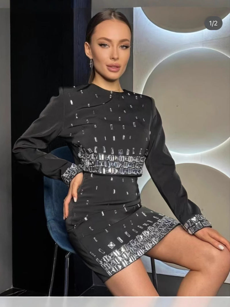BundleWear™ Silver-Beaded Tweed Set | Hand-Embellished Knit Top & Hip-Contouring Mini Skirt