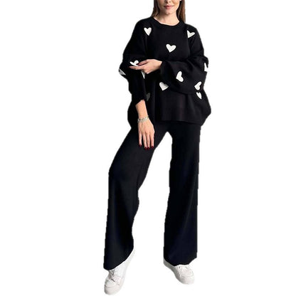 Ladies' Solid Color Hearth Embroidery Round Neck Drop Shoulder Pullover & Sweater Pants Set
