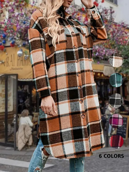 Ladies' Colorblock Plaid Print Button Front Drop Shoulder Coat