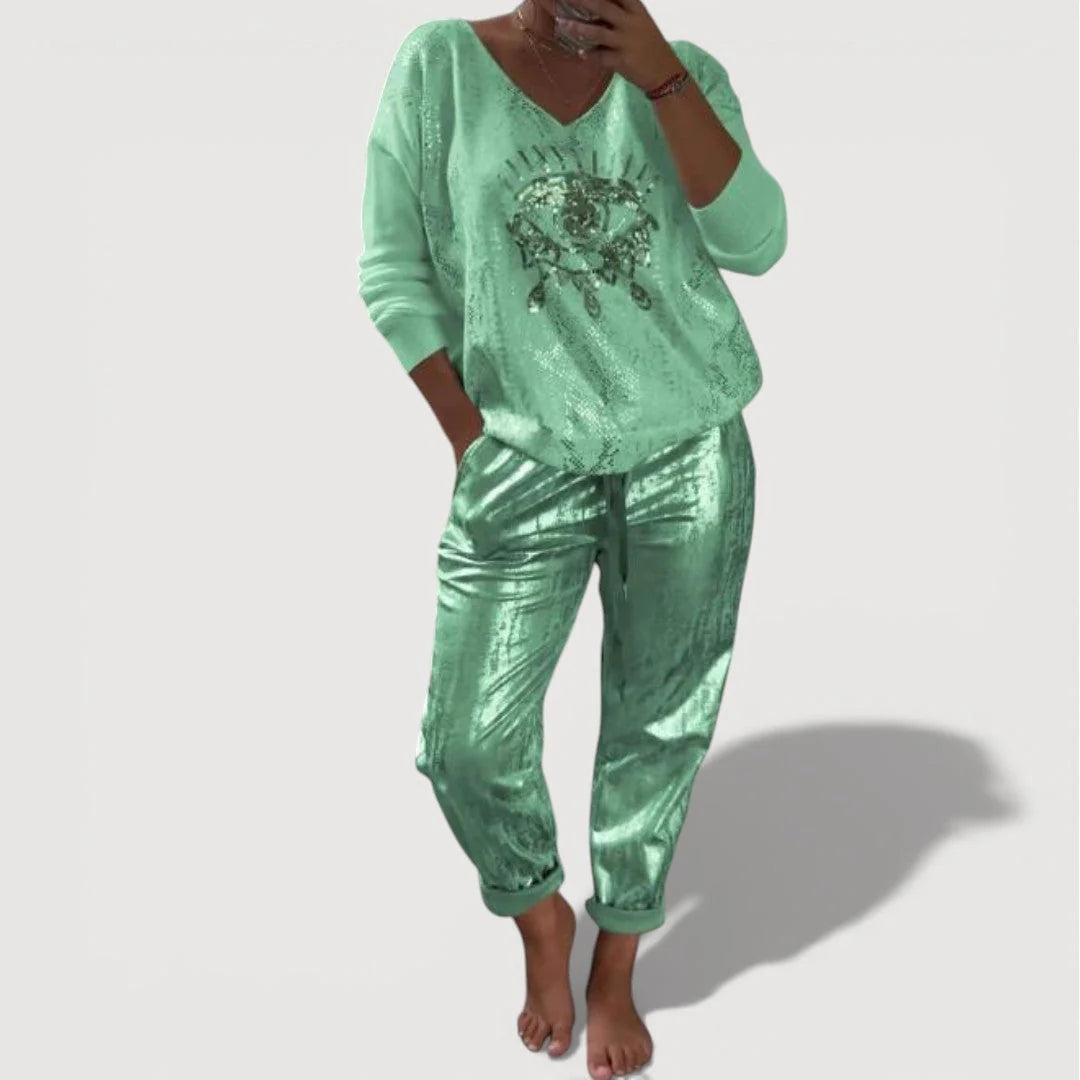 BundleWear™ Starlight Eye Set | Shimmering Graphic Sweater & Metallic Jogger Ensemble