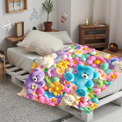 2D Teddy Pastel Floral Throw Blanket – Super Soft Kawaii