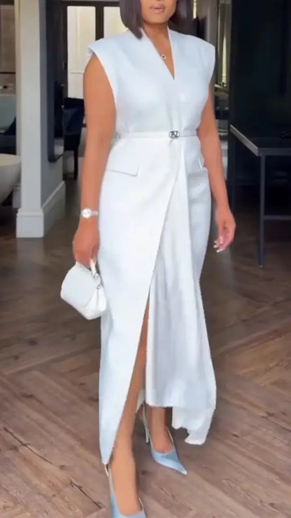 Women V-neck Solid Color Casual Dress with Temperament