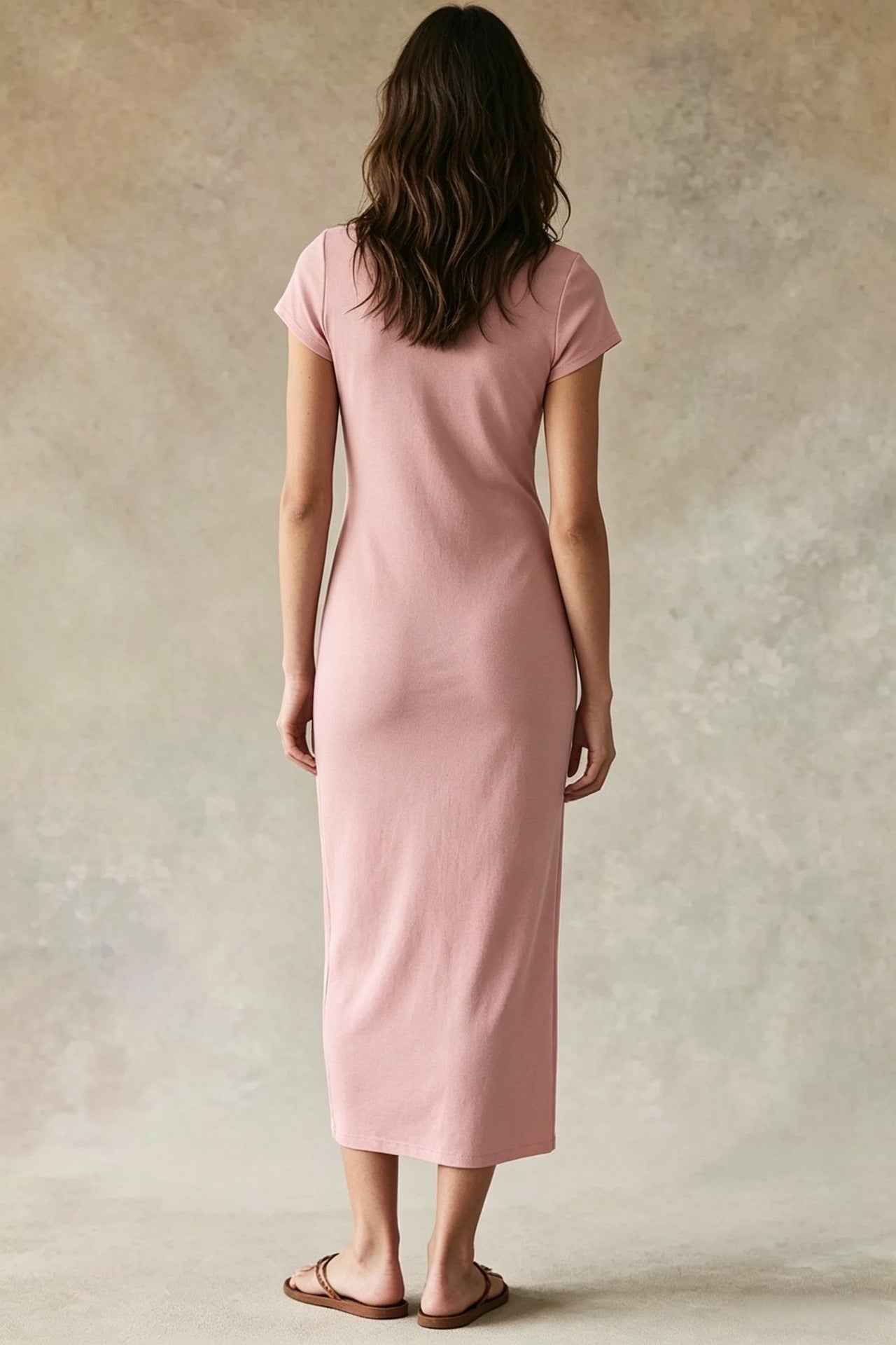 Ladies' solid color short-sleeved round neck slim-fit bodycon dress - BundleWear