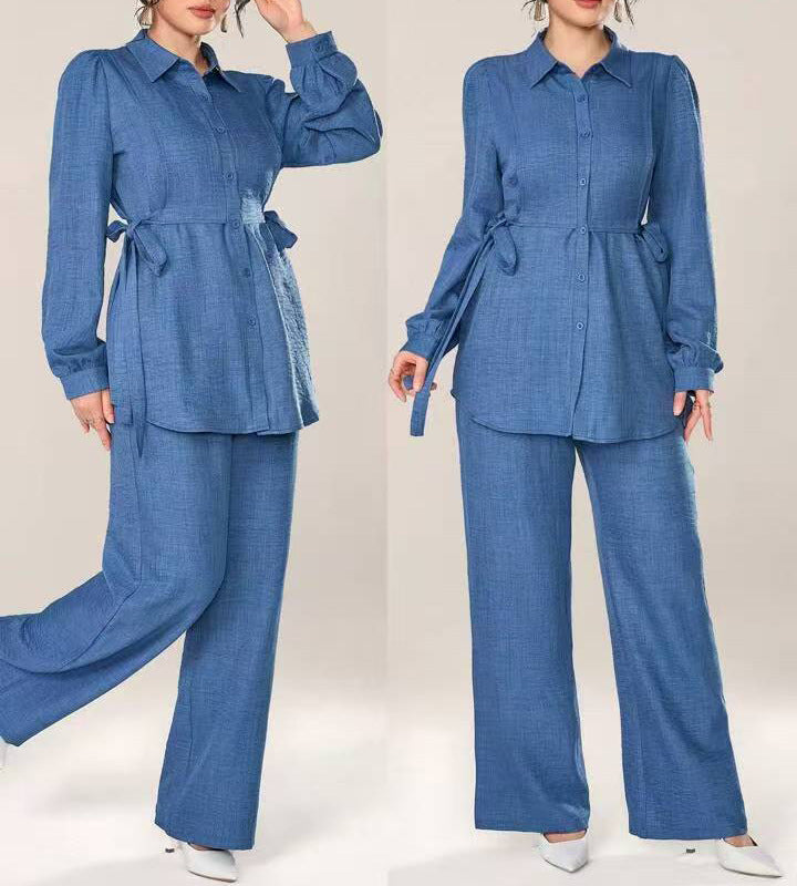 Puff-sleeved, fitted waist tie top + high-waisted wide-leg pants - MATCHING MASTER