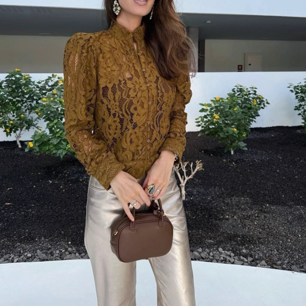 Lace round neck hollowed-out long-sleeved top