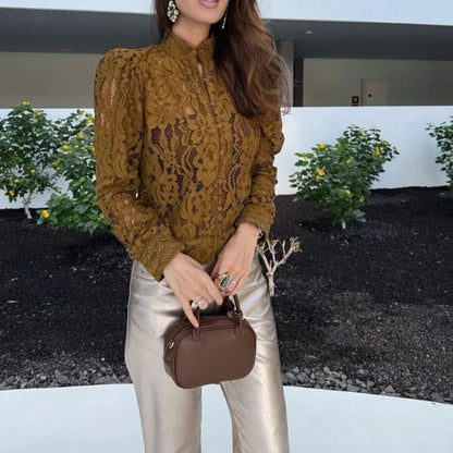 Lace round neck hollowed-out long-sleeved top