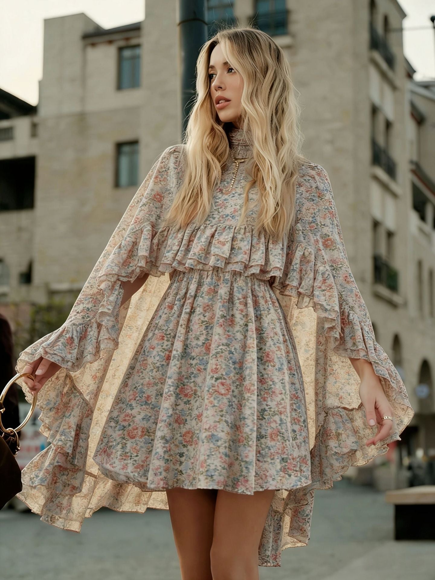 BundleWear™ Gypsy-Cape Chiffon Set | Mock-Neck Sheer Blouse & Camisole Slip Dress