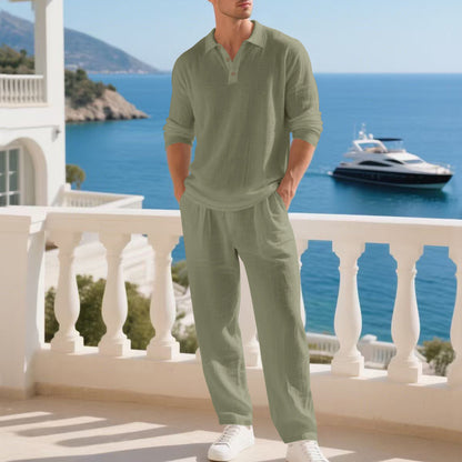 BundleWear™ Amalfi Linen Suit | Polo-Collar Long-Sleeve Shirt & Elastic-Waist Trousers Set