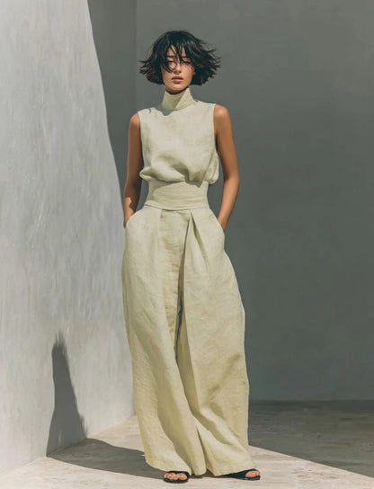 Cotton and linen sleeveless trouser casual suit