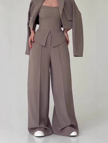 BundleWear™ Tri-Piece Power Suit | Cropped Blazer, Camisole & Peplum-Waist Palazzo Trousers