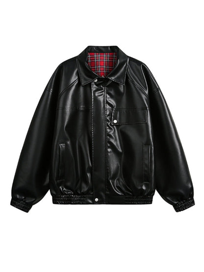 Genuine leather jacket with plaid lining, reversible lapel leather jacket
