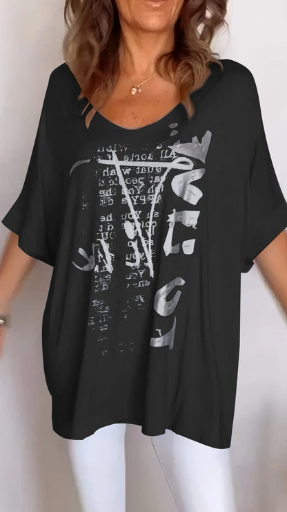 BundleWear Elegant Summer Floral V-Neck Top - Breathable Cotton-Blend Mid-Sleeve Casual Tee (S-5XL)