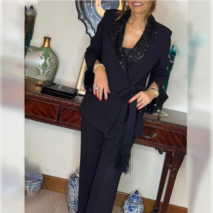 Ladies' Elegant Sequin Lapel Blazer & Pants Set