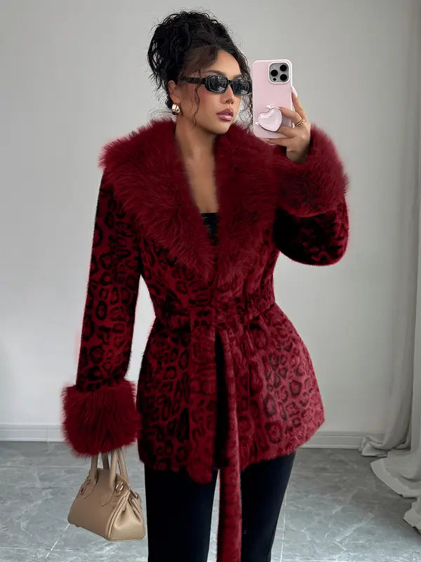 Ladies' winter lace up leopard print faux fur coat