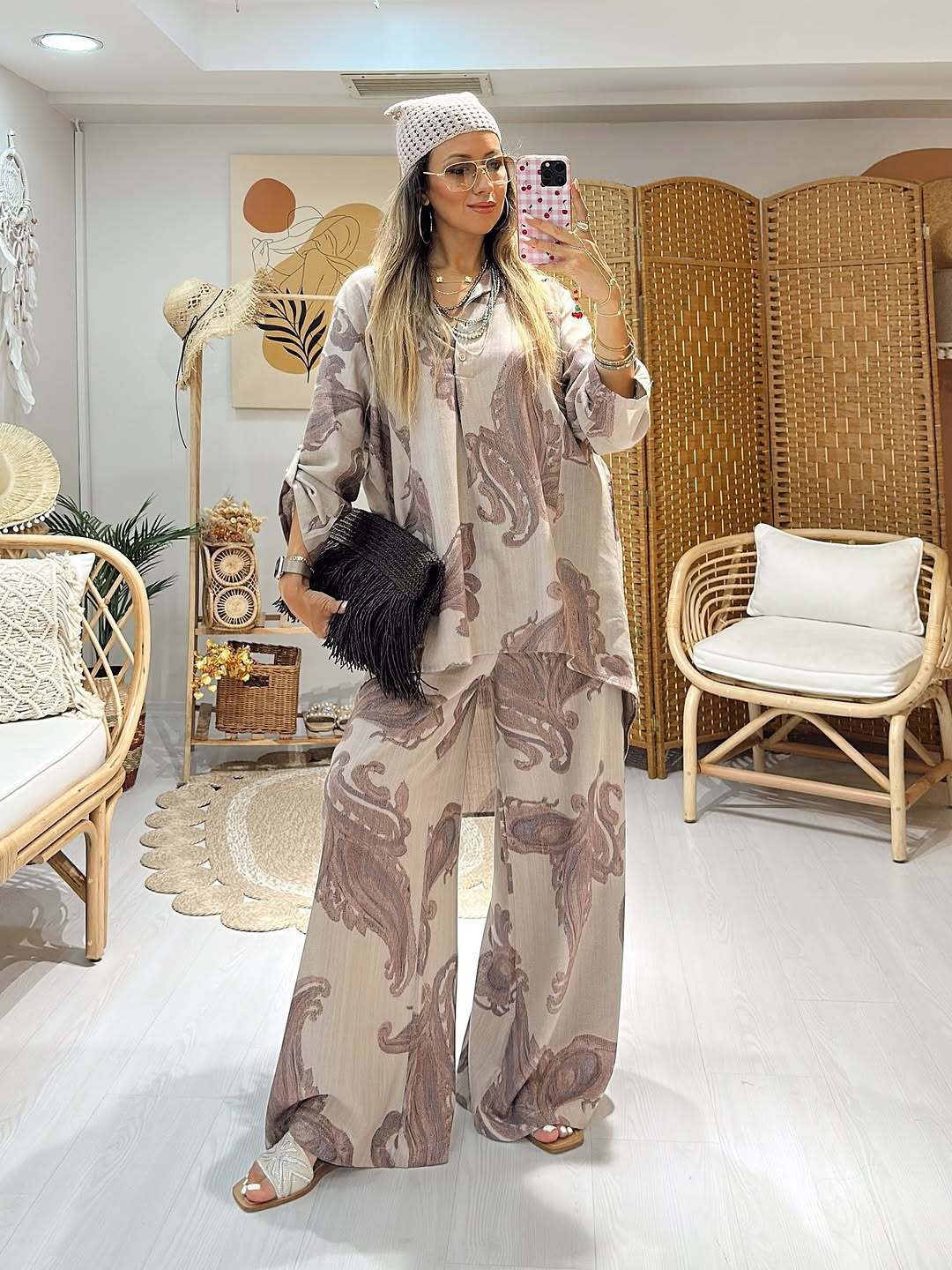 Elegant Paisley Print Two-Piece Set - Oversized Button-Down Shirt & Wide-Leg Drawstring Trousers