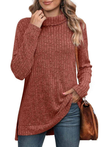 High-neck scarf, side slit, solid color long-sleeved T-shirt