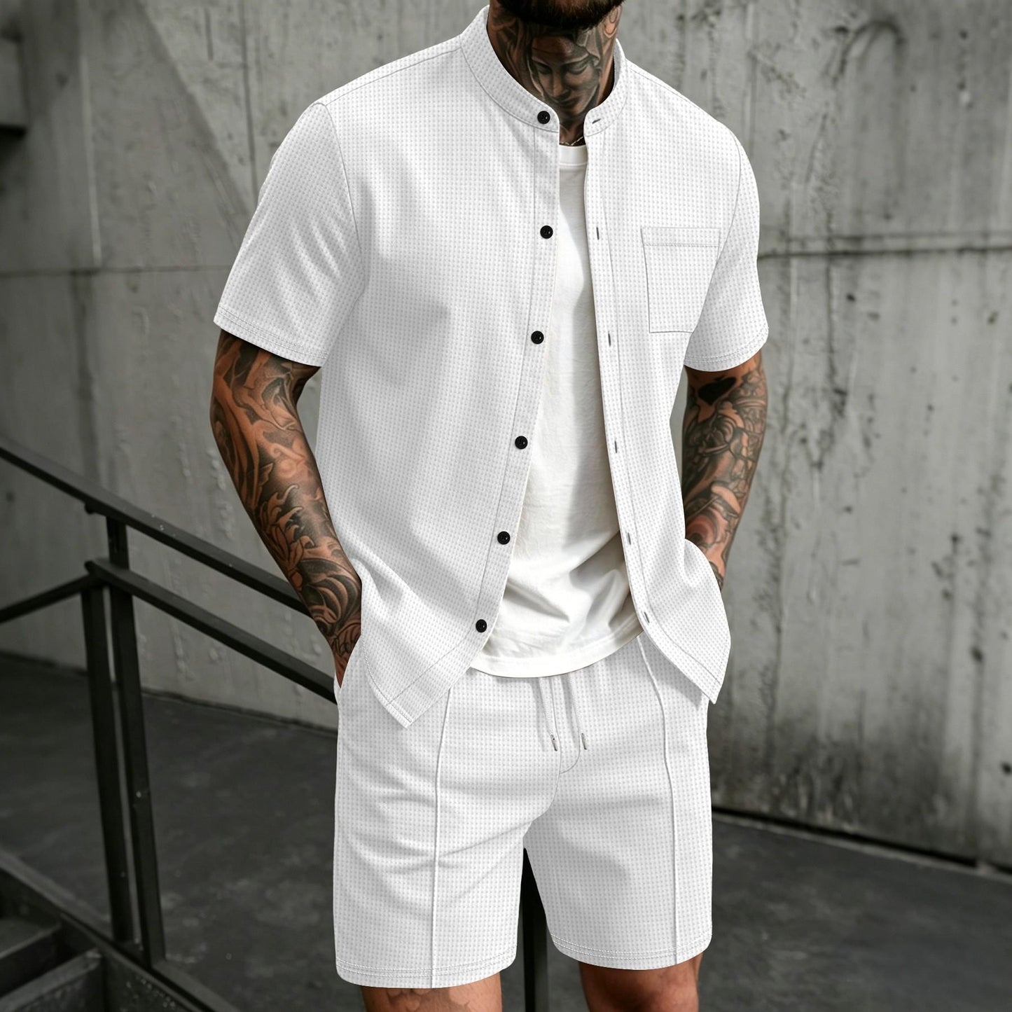 BundleWear™ Honeycomb Resort Set | Stand-Collar Waffle Shirt & Drawstring Shorts