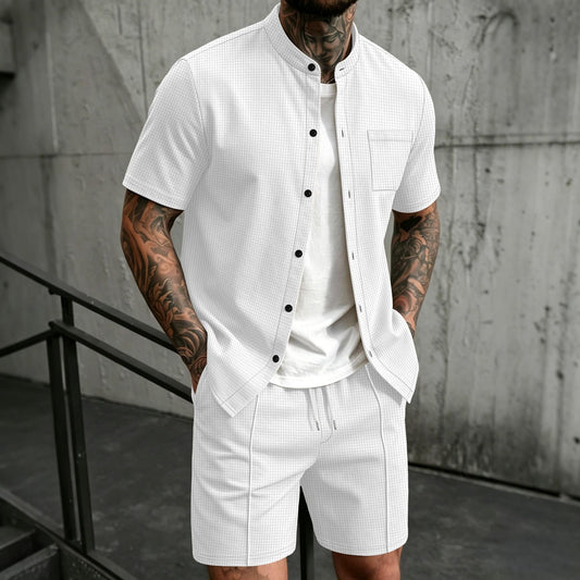 BundleWear™ Honeycomb Resort Set | Stand-Collar Waffle Shirt & Drawstring Shorts
