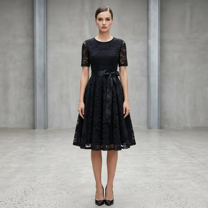 BundleWear™ Floral Lace Bow Dress | Elegant Fitted Cocktail & Wedding Guest Midi