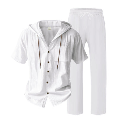 BundleWear™ Breeze-Hood Linen Set | Drawstring Hooded Shirt & Elastic-Waist Trousers
